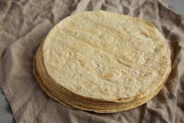 Homemade Wheat Flour Tortillas in a Stack, side view.