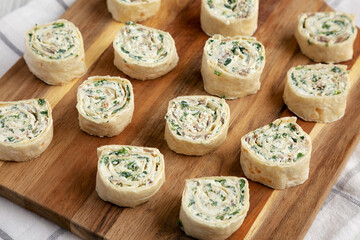 Homemade Pinwheel Tortilla Appetizers with Bacon, Spinach, Green Onion and Cream Cheese
