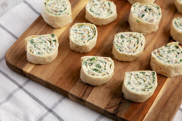 Homemade Pinwheel Tortilla Appetizers with Bacon, Spinach, Green Onion and Cream Cheese