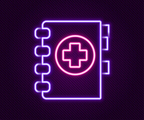 Glowing neon line Medical clipboard with clinical record icon isolated on black background. Prescription, medical check marks report. Colorful outline concept. Vector