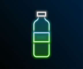 Glowing neon line Bottle of water icon isolated on black background. Soda aqua drink sign. Colorful outline concept. Vector