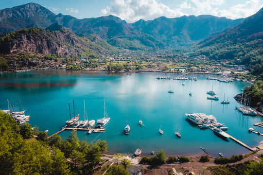 Yacht club about Orhaniye village and Kizkumu beach, on Bozburun peninsula near Marmaris resort town in Turkey.