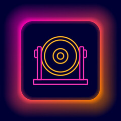 Glowing neon line Gong musical percussion instrument circular metal disc icon isolated on black background. Colorful outline concept. Vector