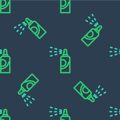 Line Spray can for hairspray, deodorant, antiperspirant icon isolated seamless pattern on blue background. Vector