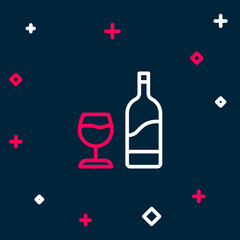Line Wine bottle with glass icon isolated on blue background. Colorful outline concept. Vector