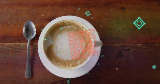 Animation of shapes and qr code over cup of coffee