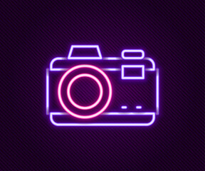 Glowing neon line Photo camera icon isolated on black background. Foto camera. Digital photography. Colorful outline concept. Vector