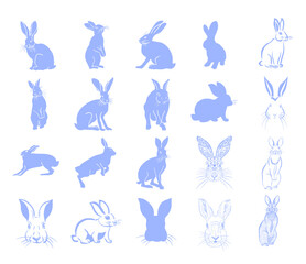 Blue silhouettes of rabbits. Vector illustration