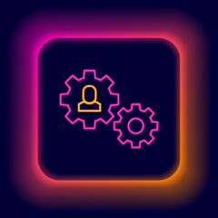 Glowing neon line Human with gear icon isolated on black background. Artificial intelligence. Thinking brain sign. Symbol work of brain. Colorful outline concept. Vector