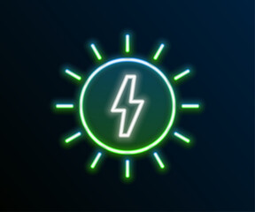 Glowing neon line Solar energy panel icon isolated on black background. Sun with lightning symbol. Colorful outline concept. Vector