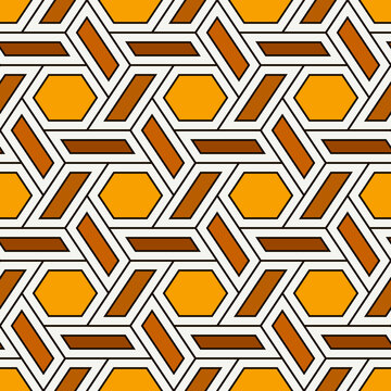 Hexagonal seamless pattern. Mosaic tiles. Geometrical wallpaper. Honeycomb print. Ethnic ornament illustration. Wicker background. Flooring image. Digital paper. Geometric backdrop. Vector work