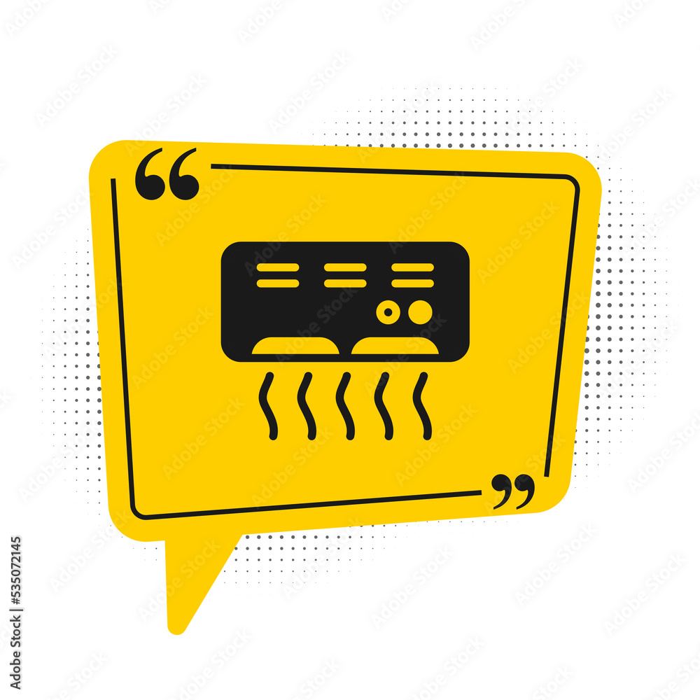 Sticker Black Air conditioner icon isolated on white background. Split system air conditioning. Cool and cold climate control system. Yellow speech bubble symbol. Vector