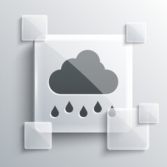Grey Cloud with rain icon isolated on grey background. Rain cloud precipitation with rain drops. Square glass panels. Vector
