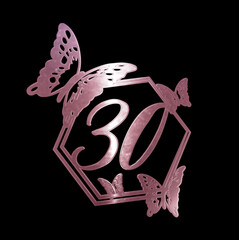 3d illustration number 30 rose gold with butterflies birthday black background