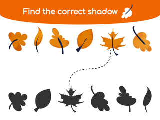 Find the correct shadow. Kids educational game. Cute autumn leaves with watercolor texture. Vector illustration in flat cartoon style for childrens books and magazines