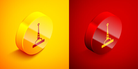 Isometric Antenna icon isolated on orange and red background. Radio antenna wireless. Technology and network signal radio antenna. Circle button. Vector