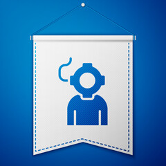 Blue Aqualung icon isolated on blue background. Diving helmet. Diving underwater equipment. White pennant template. Vector