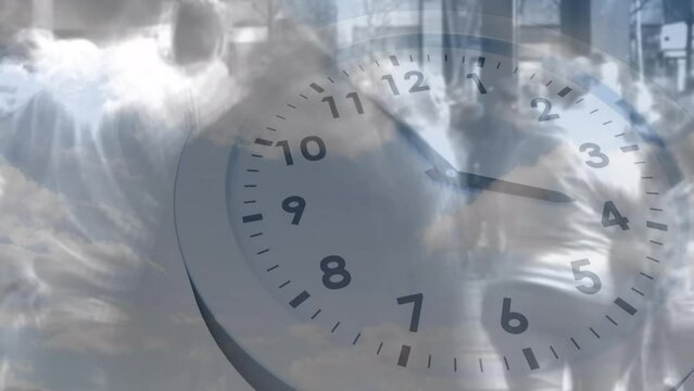 Animation of clock over people walking