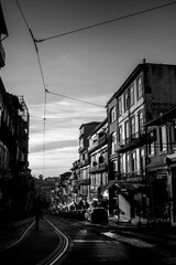 View of a street in the center of Porto, Portugal. Black and white photo.