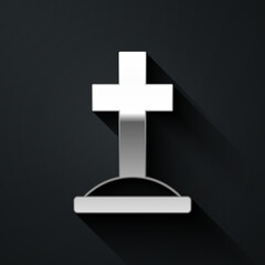 Obraz premium Silver Grave with cross icon isolated on black background. Long shadow style. Vector