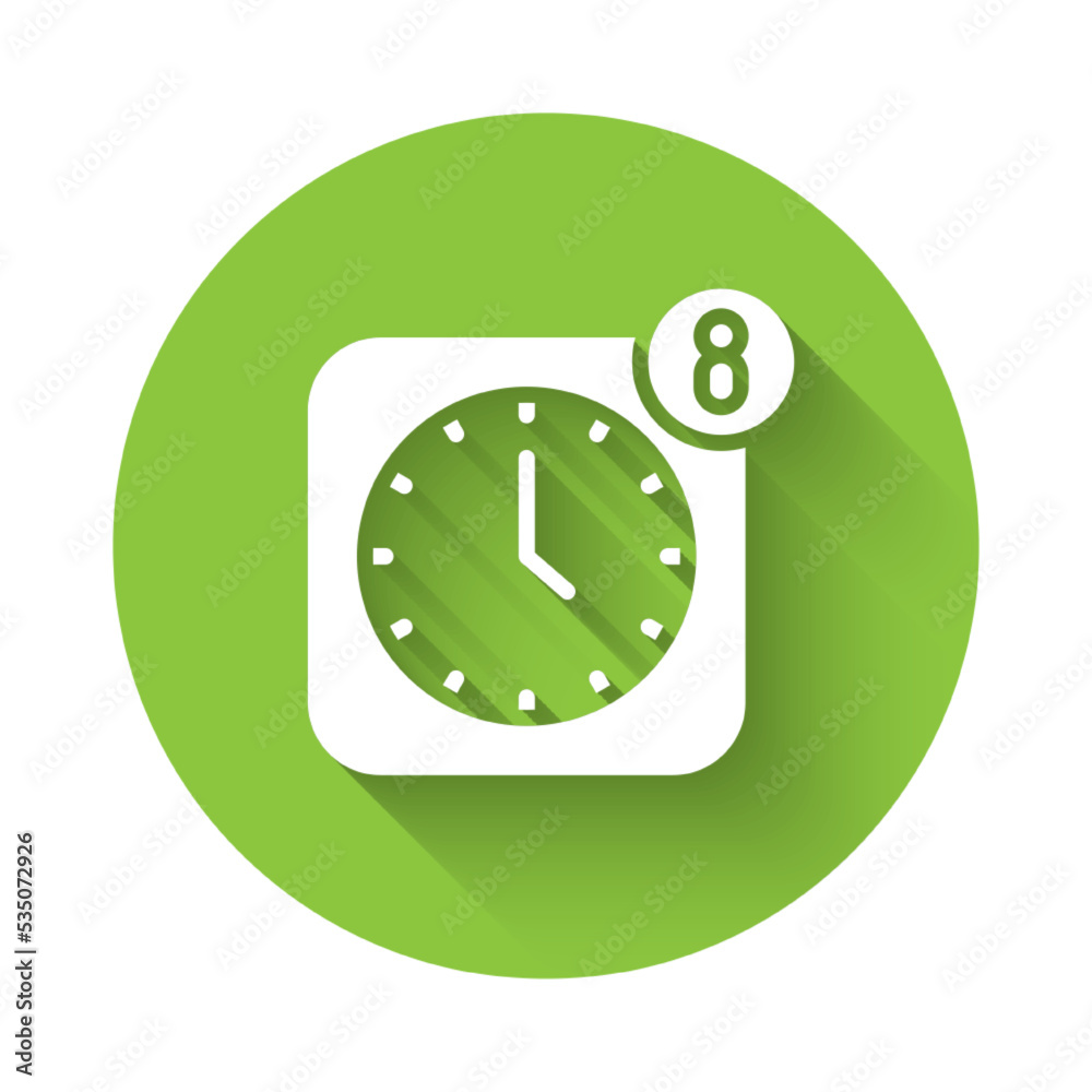 Poster White Alarm clock app smartphone interface icon isolated with long shadow background. Green circle button. Vector