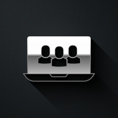 Silver Video chat conference icon isolated on black background. Online meeting work form home. Remote project management. Long shadow style. Vector