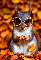 A squirrel in glasses in the autumn forest. A squirrel in nature in an autumn park. Cute squirrel gnawing on nuts. 3d-rendering - obrazy, fototapety, plakaty