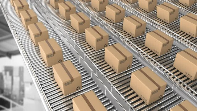 Animation of boxes on conveyor belt over warehouse