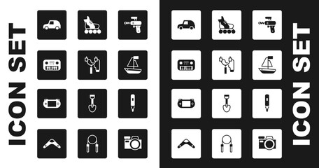 Set Ray gun, Slingshot, Toy piano, car, boat, Roller skate, Marker pen and Portable video game console icon. Vector