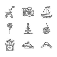 Set Pyramid toy, Toy building block bricks, Boomerang, Yoyo, Jack the box, Balloons with ribbon, boat and Baby stroller icon. Vector