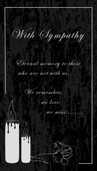 With Sympathy, poster on the black grunge background. Vertical. Text, candles, lying flower. Obituary. Vector illustration for funeral page. - obrazy, fototapety, plakaty