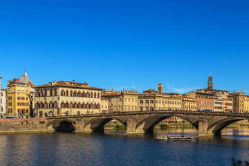 Florence, Italy. Scenic view of the embankment of the Arno River and the Ponte alla Carraia bridge