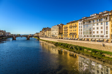 Florence, Italy. Picturesque view of the embankment of the river Arno and the bridge of Santa Trinita (Holy Trinity), 1569