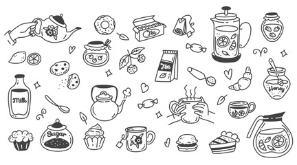Tea time cake party cafe sweet food line art outline isolated design element illustration set