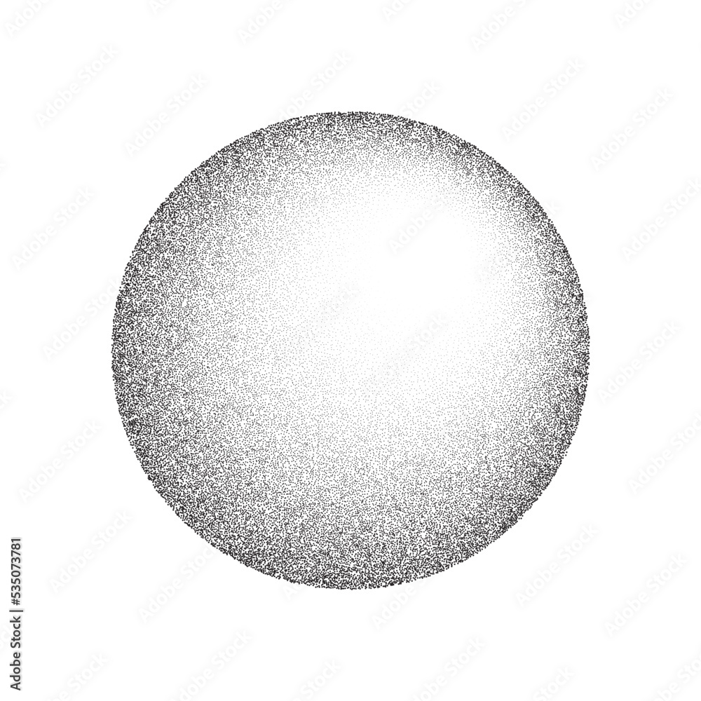 Poster Grain circle gradient. Stippled round shape. Radial stochastic dotwork texture. Random grunge noise background. Black dots sphere. Halftone vector 