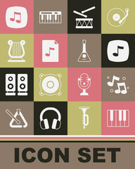 Set Music synthesizer, note, tone, Drum with drum sticks, MP3 file document, Ancient Greek lyre, and Balalaika icon. Vector