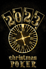 Happy New 2023 year. Christmas Casino wallpaper with poker cards and roulette, vector illustration	