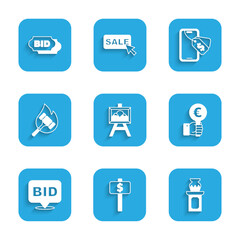 Set Auction painting, Hand holding auction paddle, ancient vase, Bid, hammer, Online and icon. Vector