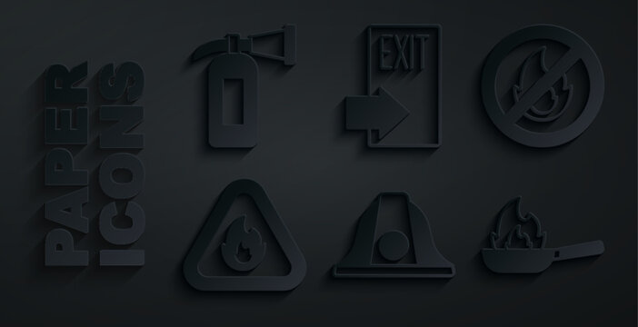 Set Firefighter helmet, No fire, flame in triangle, Pan with, exit and extinguisher icon. Vector