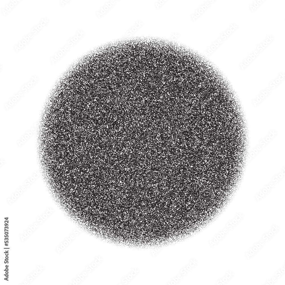 Poster Grain circle gradient. Stippled round shape. Radial stochastic dotwork texture. Random grunge noise background. Black dots sphere. Halftone vector 