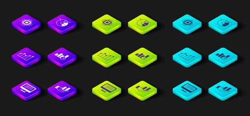Set Data analysis, Pie chart infographic, Financial growth, and Processor CPU icon. Vector