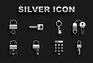 Set Lock picks for lock picking, House with key, Locked, Password protection, Key broke inside of padlock, Old, and and icon. Vector
