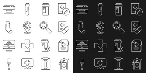 Set line Cross hospital medical tag, Medical prescription and pen, Medicine bottle, Map pointer with cross, Inhaler, Ointment cream tube medicine and analysis icon. Vector