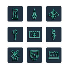 Set line Windmill, Shield, King crown, Battle crossbow with arrow, Medieval castle gate, chained mace ball, Castle tower and Torch flame icon. Vector