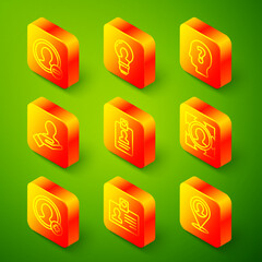 Set line Create account screen, Head with lamp bulb, question mark, Hand for search people, Identification badge, hunting, and icon. Vector