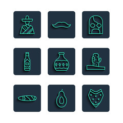 Set line Cigar, Avocado, Poncho, Mexican wrestler, Tequila bottle, Tabasco sauce, man sombrero and Cactus icon. Vector