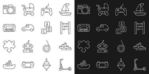 Set line Scooter, Toy building block bricks, Abacus, Gamepad, car, piano, Photo camera and ABC blocks icon. Vector