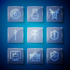 Set line Location king crown, Castle, fortress, Shield, Medieval shield with swords, axe, spear, Round wooden and icon. Vector