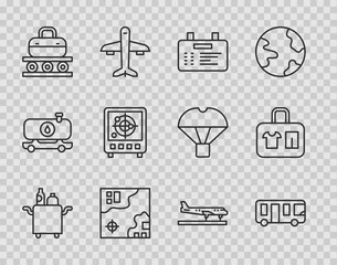 Set line Trolley for food, Airport bus, board, World travel map, Conveyor belt with suitcase, Radar targets monitor, Plane and Suitcase icon. Vector