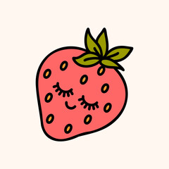 Cute strawberry farm organic sweet berry. Hand draw illustration. Kawaii face. Doodle style. Vector on isolated background. For printing on paper and fabric, children's illustration